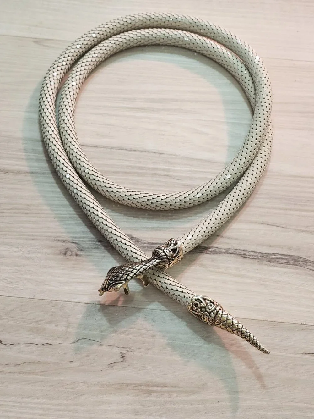 70s 80s Dl Auld Vintage Designer Cream Gold Tone Snake Mesh Belt Necklace